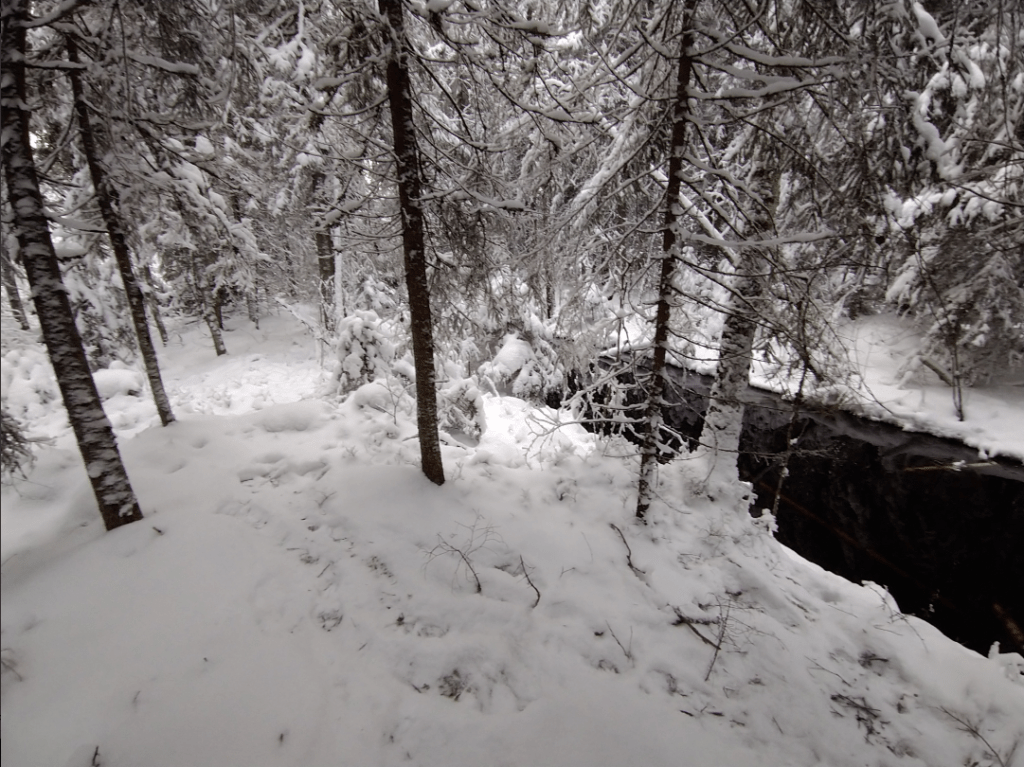 Winter scenery with a running river.